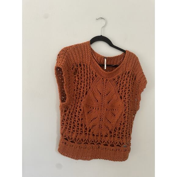 FREE PEOPLE Diamond In The Rough In Camel Brown Crochet Boho Knit Sweater XS - Picture 2 of 6